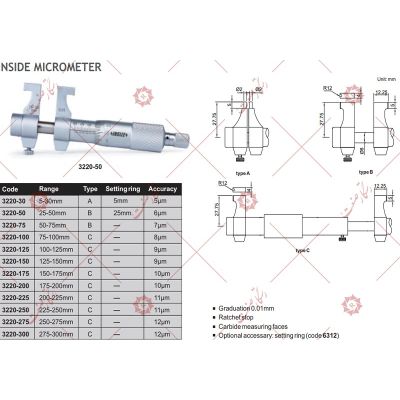 Insize micrometer inside gauge 50-75 model 75-3220