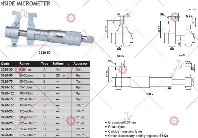 Insize micrometer inside gauge 50-75 model 75-3220