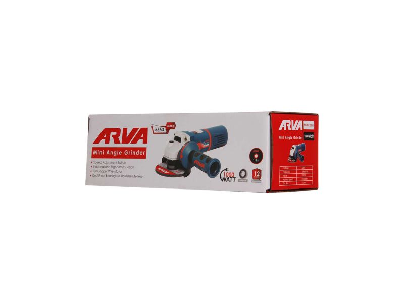 مینی فرز دیمردار 1000 وات آروا مدل 5553 به همراه محافظ دیسک، دسته کمکی، آچار، دفترچه راهنما، کارت گارانتی